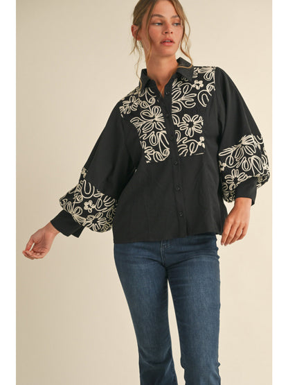 Black Button Down Embroidered Top