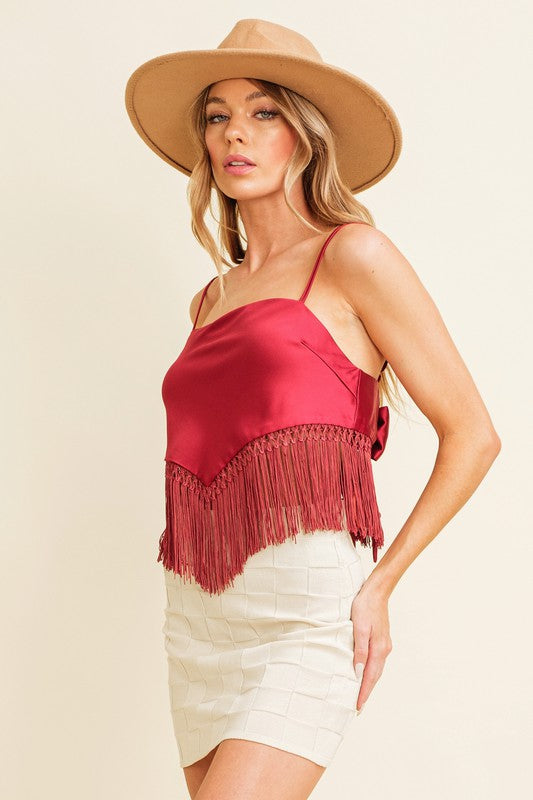 Burgundy Fringe Tie Back Top