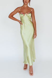Romance Floral Lime Green Satin Maxi Dress