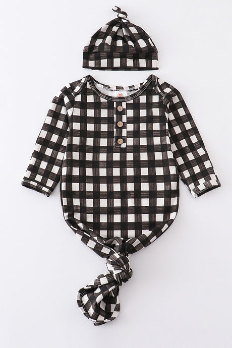 Black Plaid Bamboo Baby Gown/W Hat