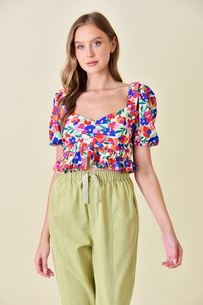 Floral Flutter Ruffled Crop Top