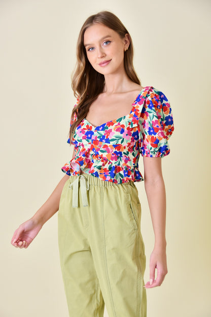 Floral Flutter Ruffled Crop Top