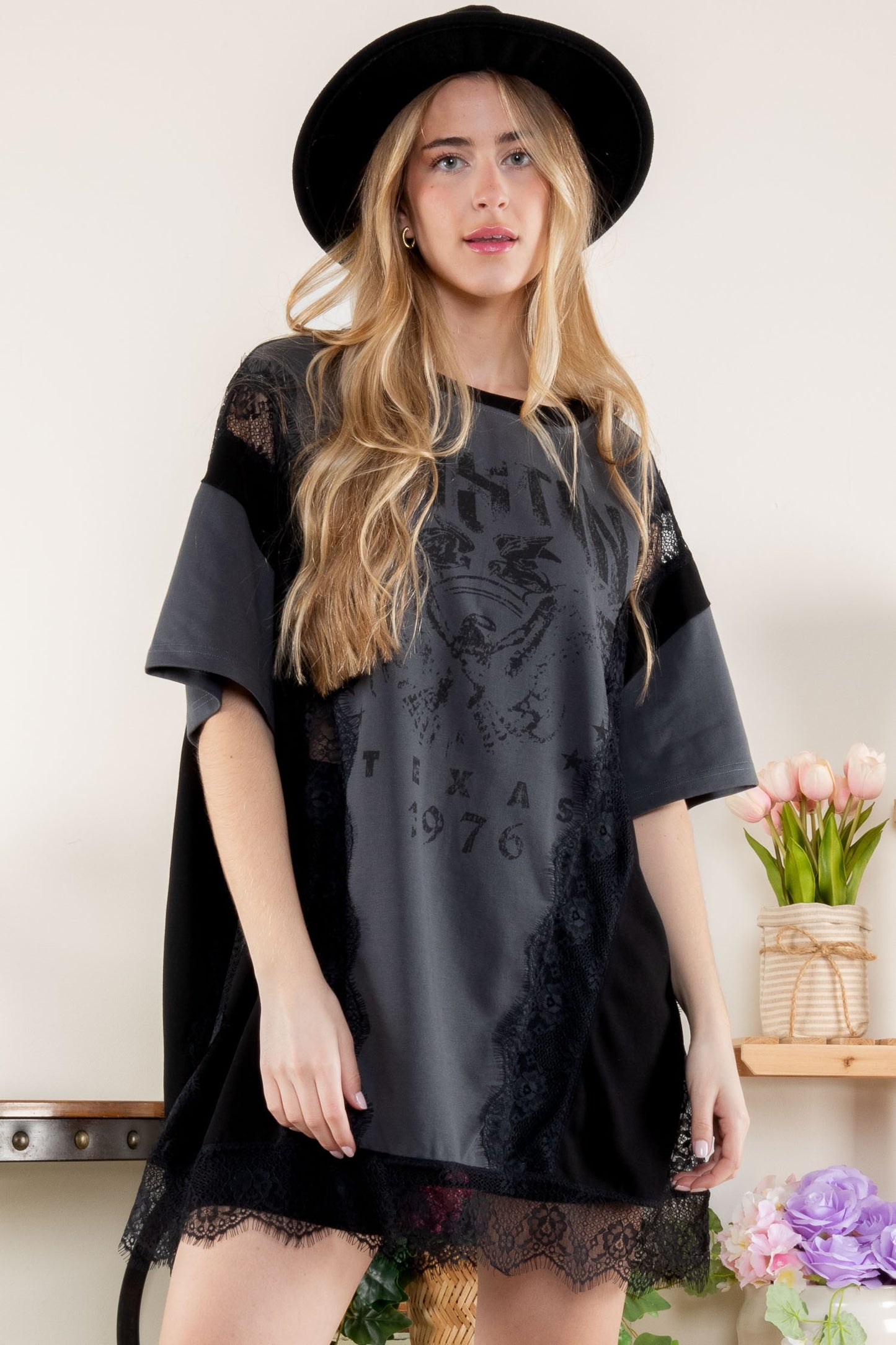 Charcoal Washed Lace Top