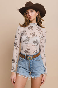 Western Cowboy Print Mesh Bodysuit