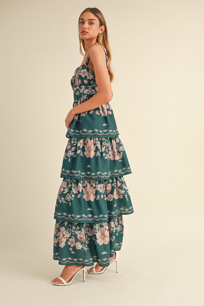 Hunter Green Floral Ruffled Maxi