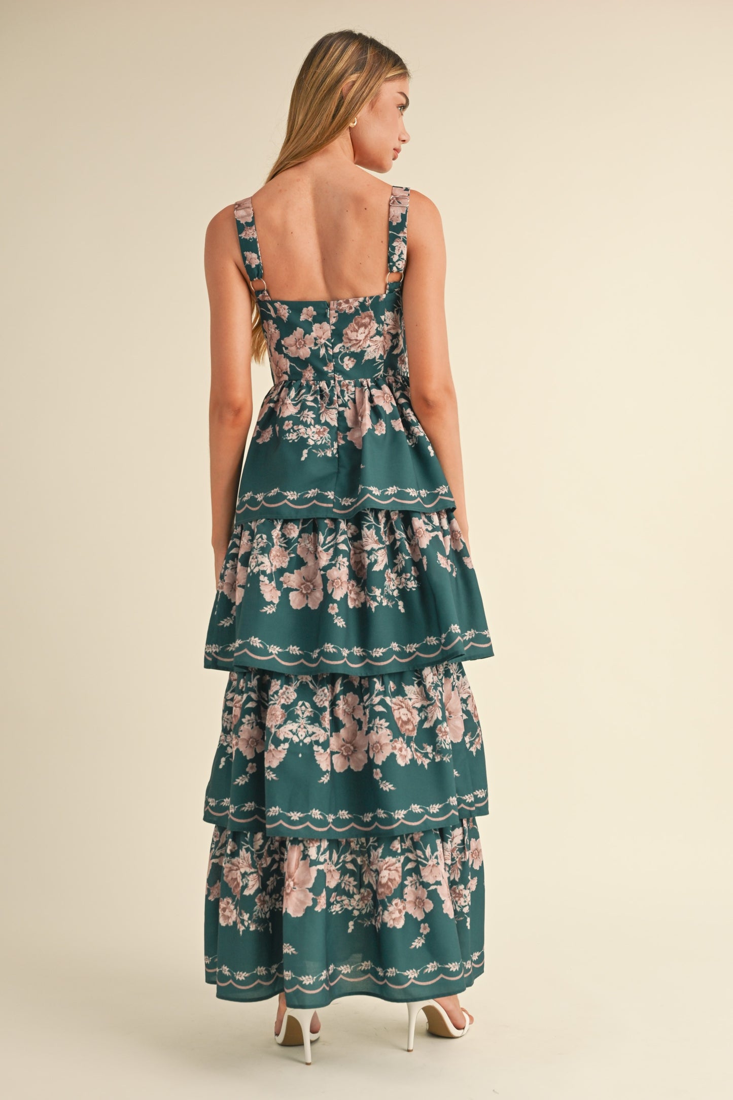 Hunter Green Floral Ruffled Maxi