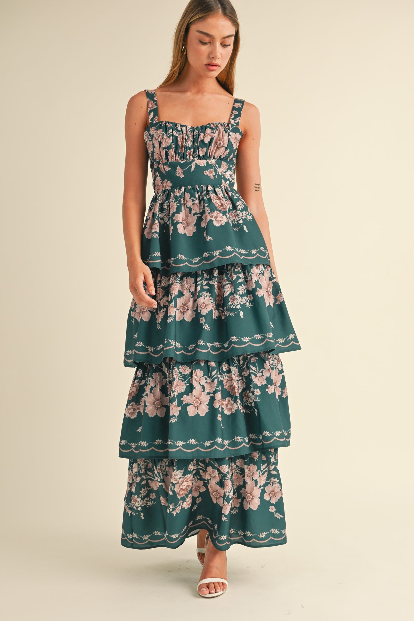 Hunter Green Floral Ruffled Maxi