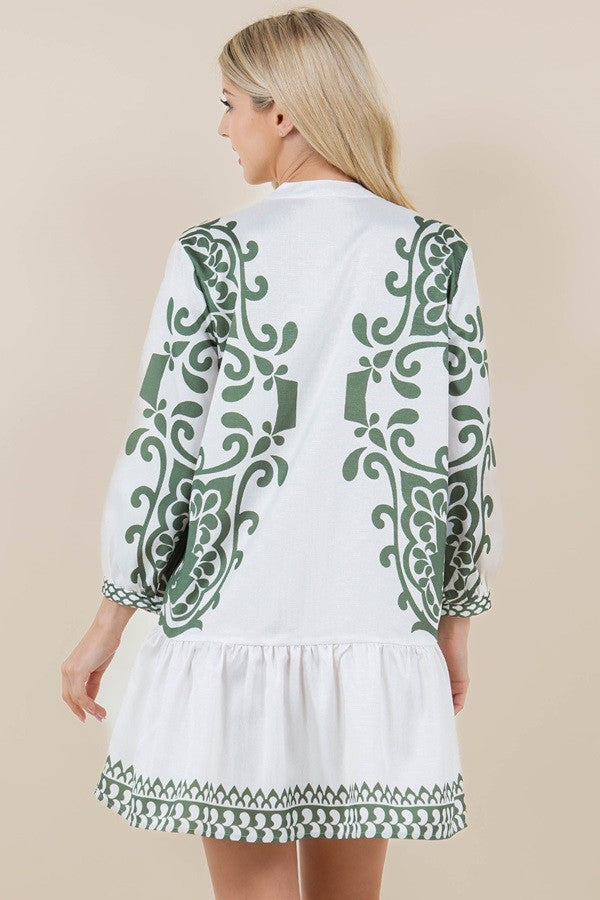 White/Green Printed Dress