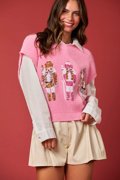 Pink Sequins Nutcracker Sweater Vest