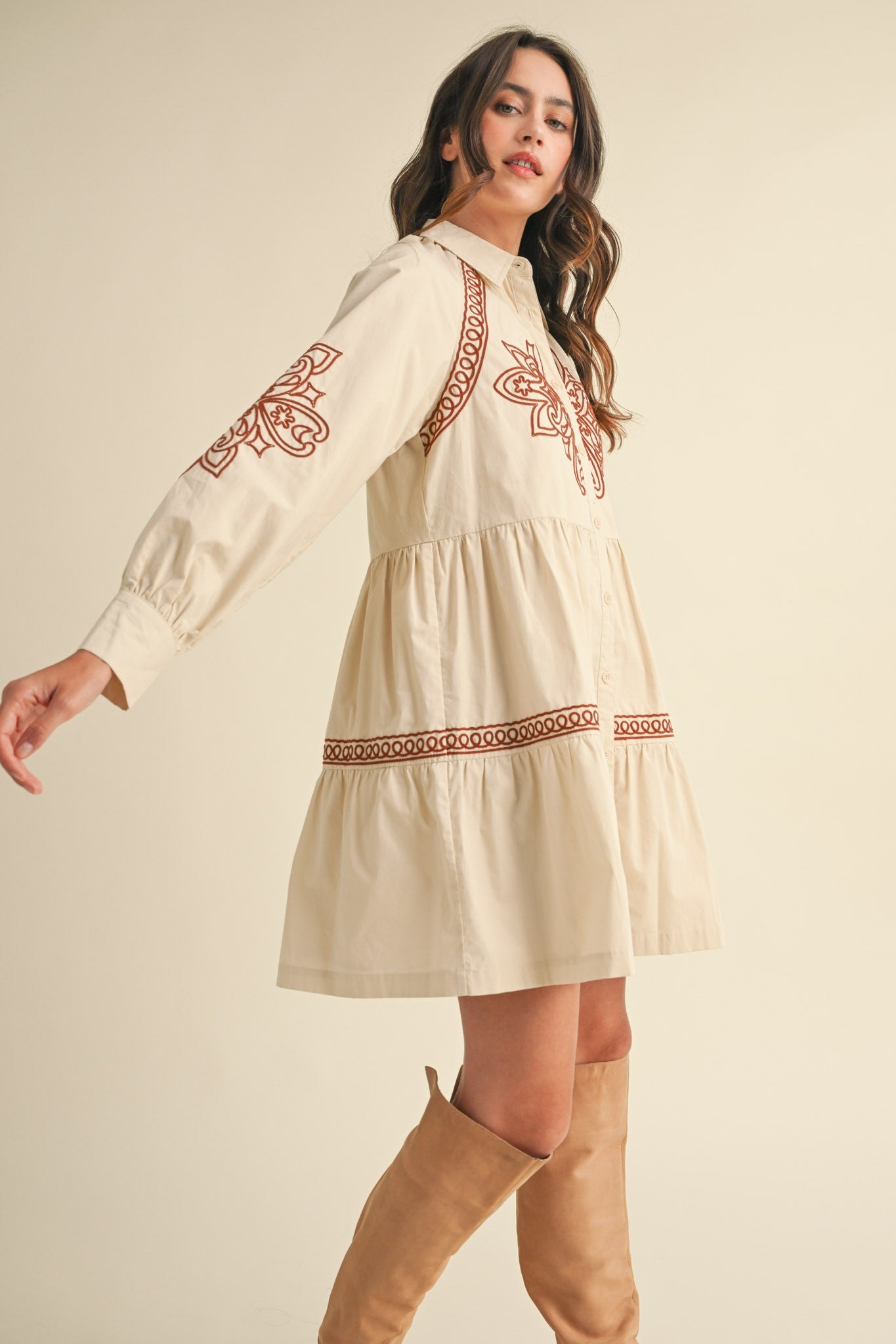 Ecru & Brown Embroidered Button Down Dress