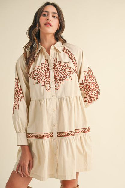 Ecru & Brown Embroidered Button Down Dress