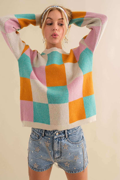 Fun Checker Print Oversized Sweater