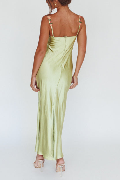 Romance Floral Lime Green Satin Maxi Dress