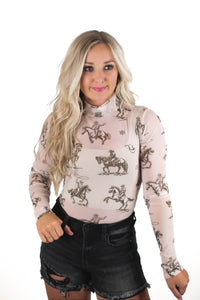 Western Cowboy Print Mesh Bodysuit