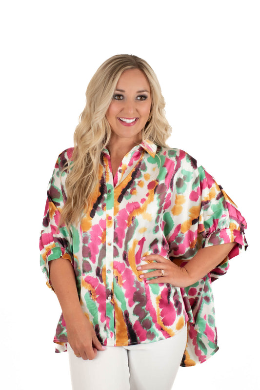 Oversized Tie Dye Button Up Top