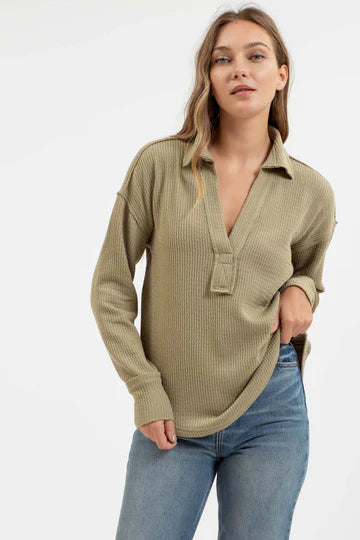 Olive Collared Long Sleeve Top