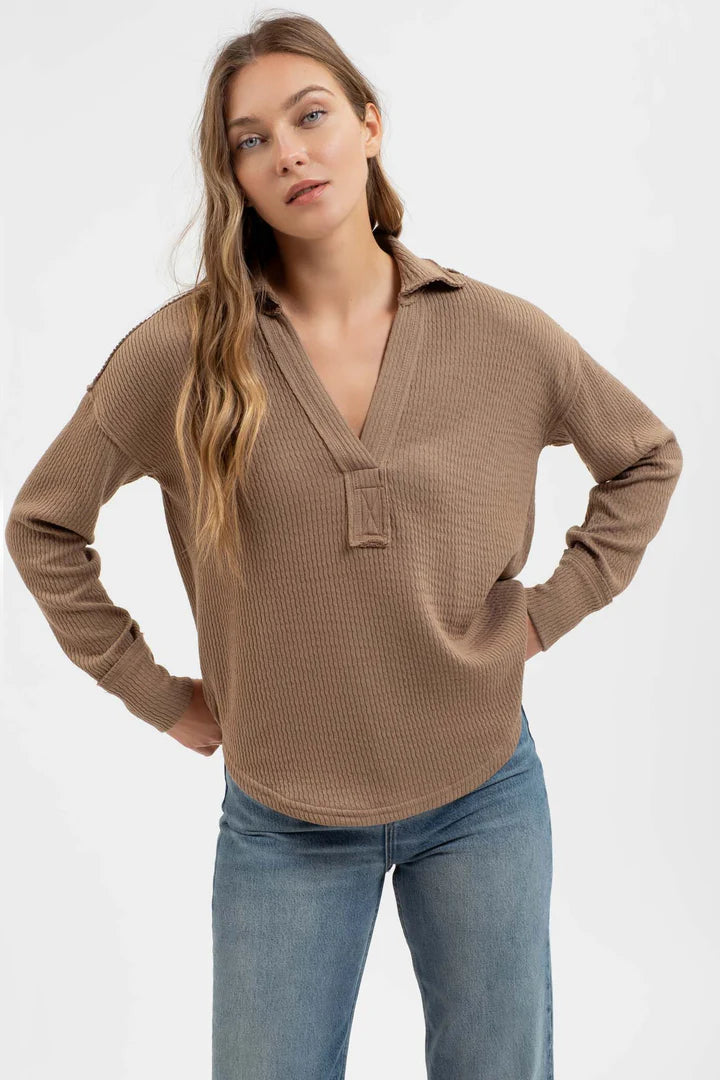 Taupe Collared Long Sleeve Top