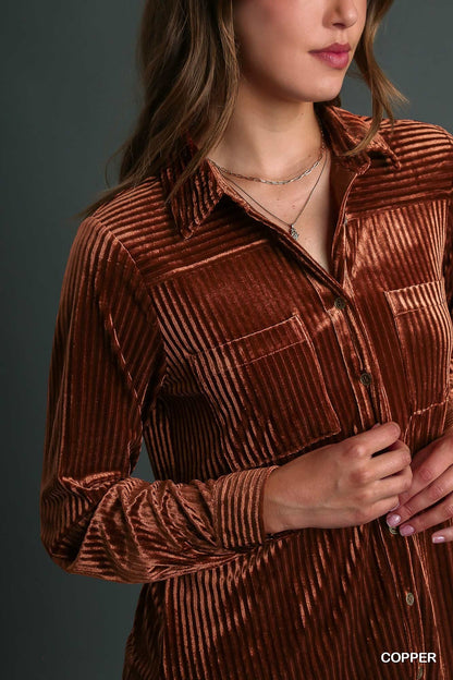 Rust Velvet Button Up Top