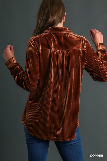 Rust Velvet Button Up Top