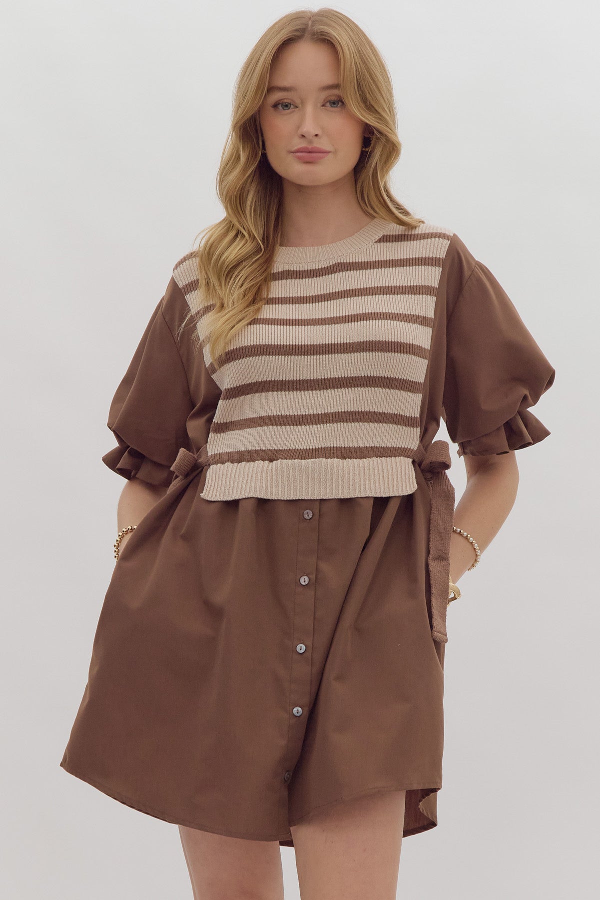 Brown Striped Twofer Button Down Dress