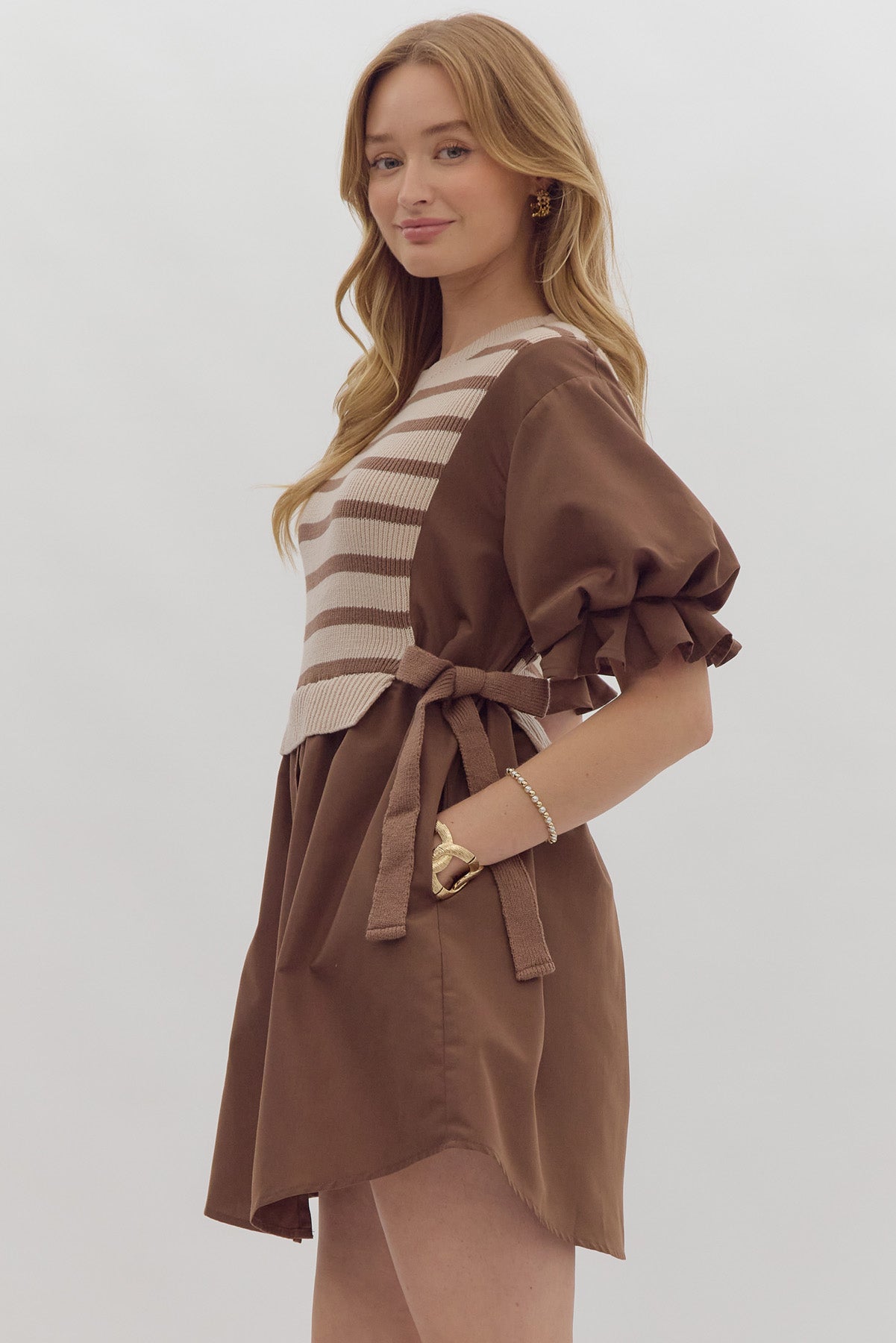 Brown Striped Twofer Button Down Dress