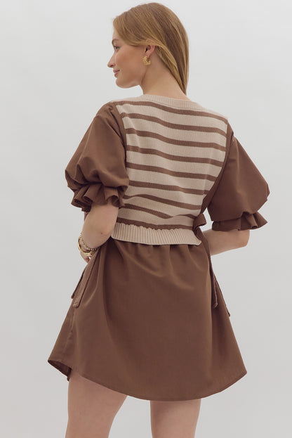 Brown Striped Twofer Button Down Dress