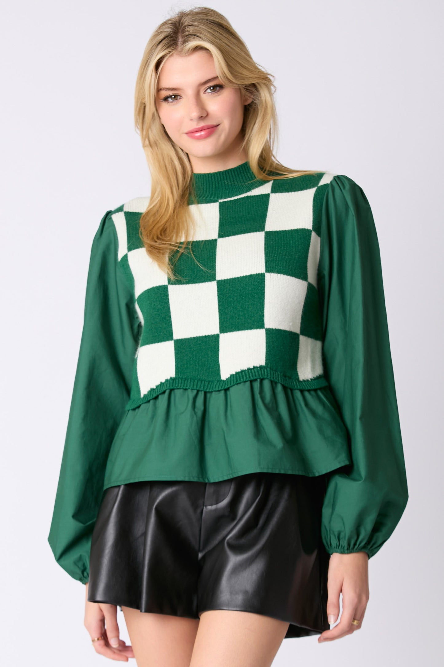 Hunter Green Checkered Peplum Top