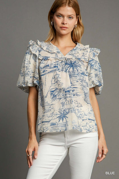 Blue Landscape Print Top