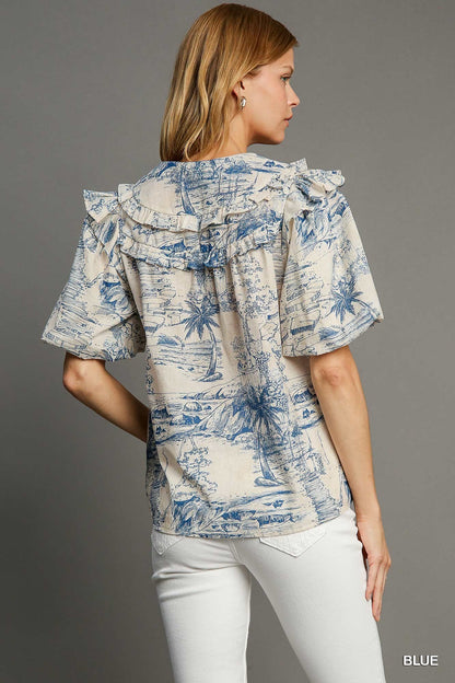 Blue Landscape Print Top