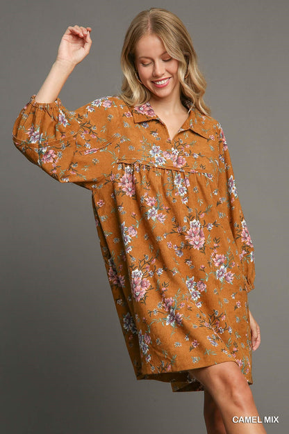 Camel Floral Corduroy Dress