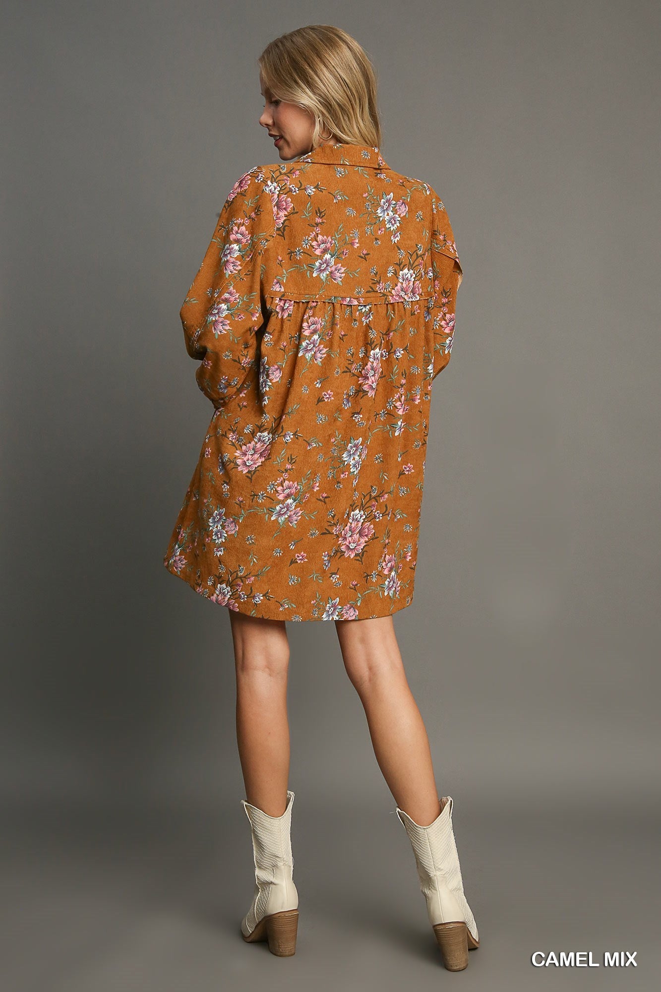 Camel Floral Corduroy Dress