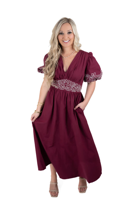 Burgundy V Neck Midi Dress