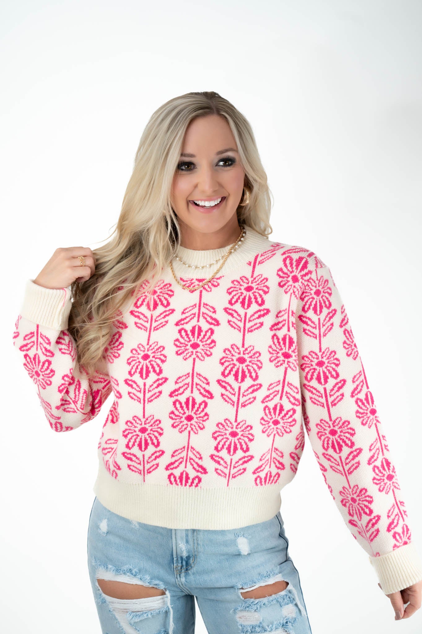 Pink Floral Printed Sweater