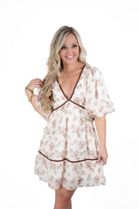 Cream/Burgundy Floral V Neck Dress