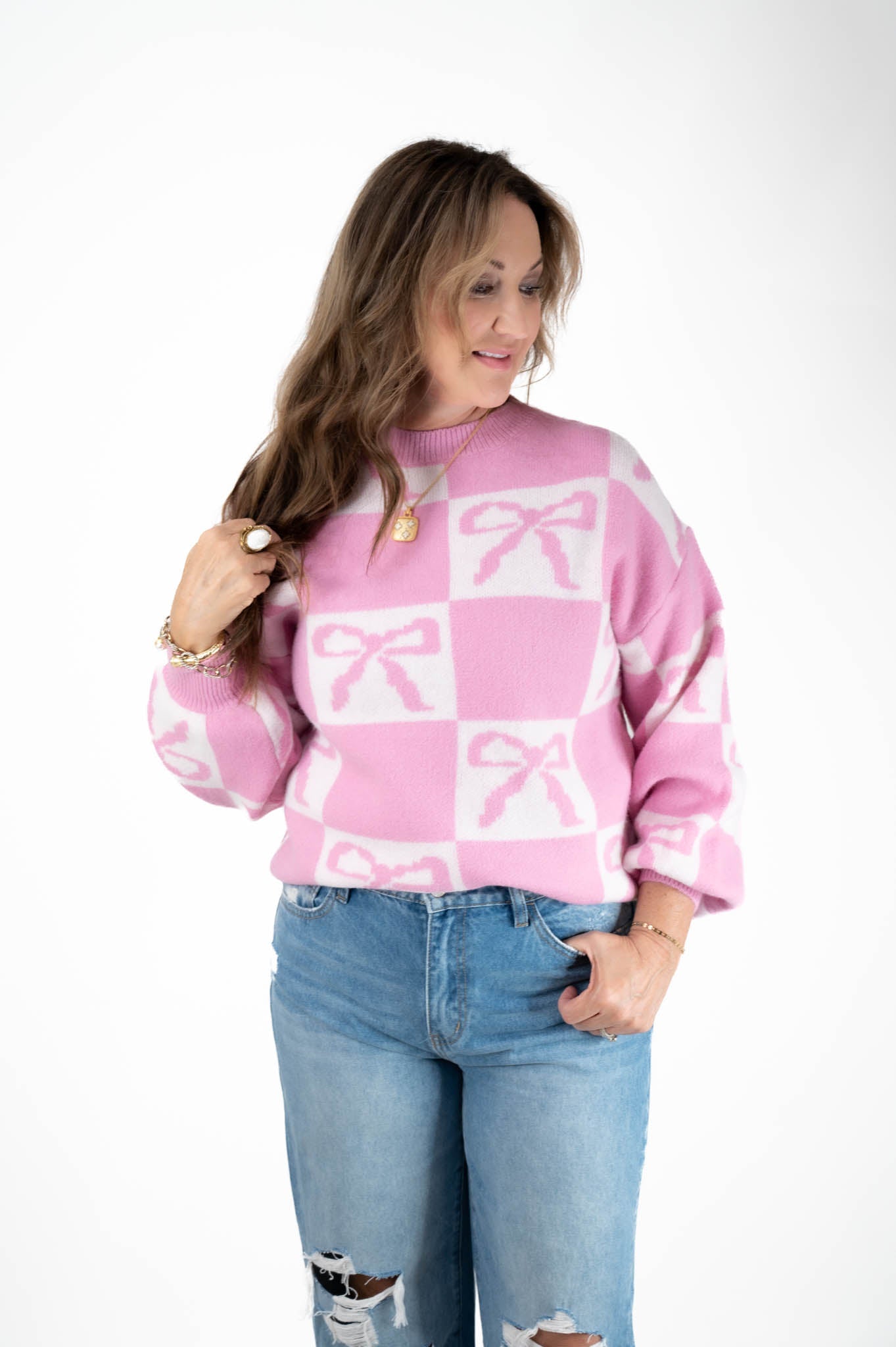 Pink Color Block Bow Sweater