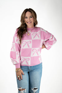 Pink Color Block Bow Sweater