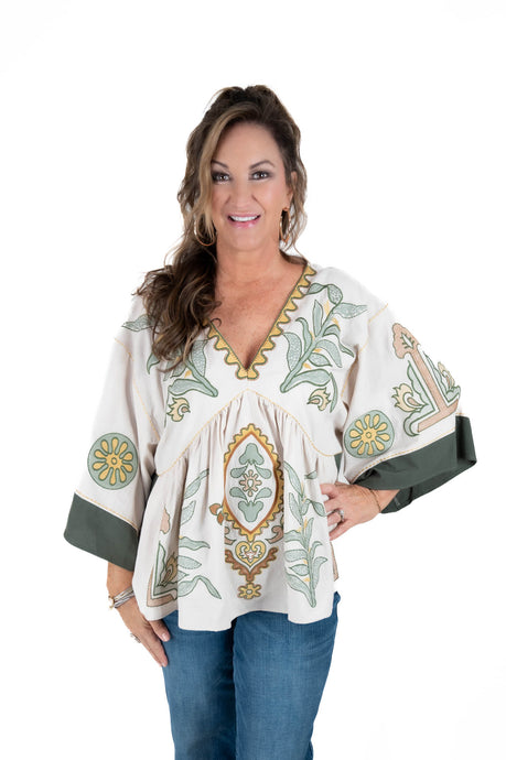 Taupe/Olive Embroidered V Neck Top