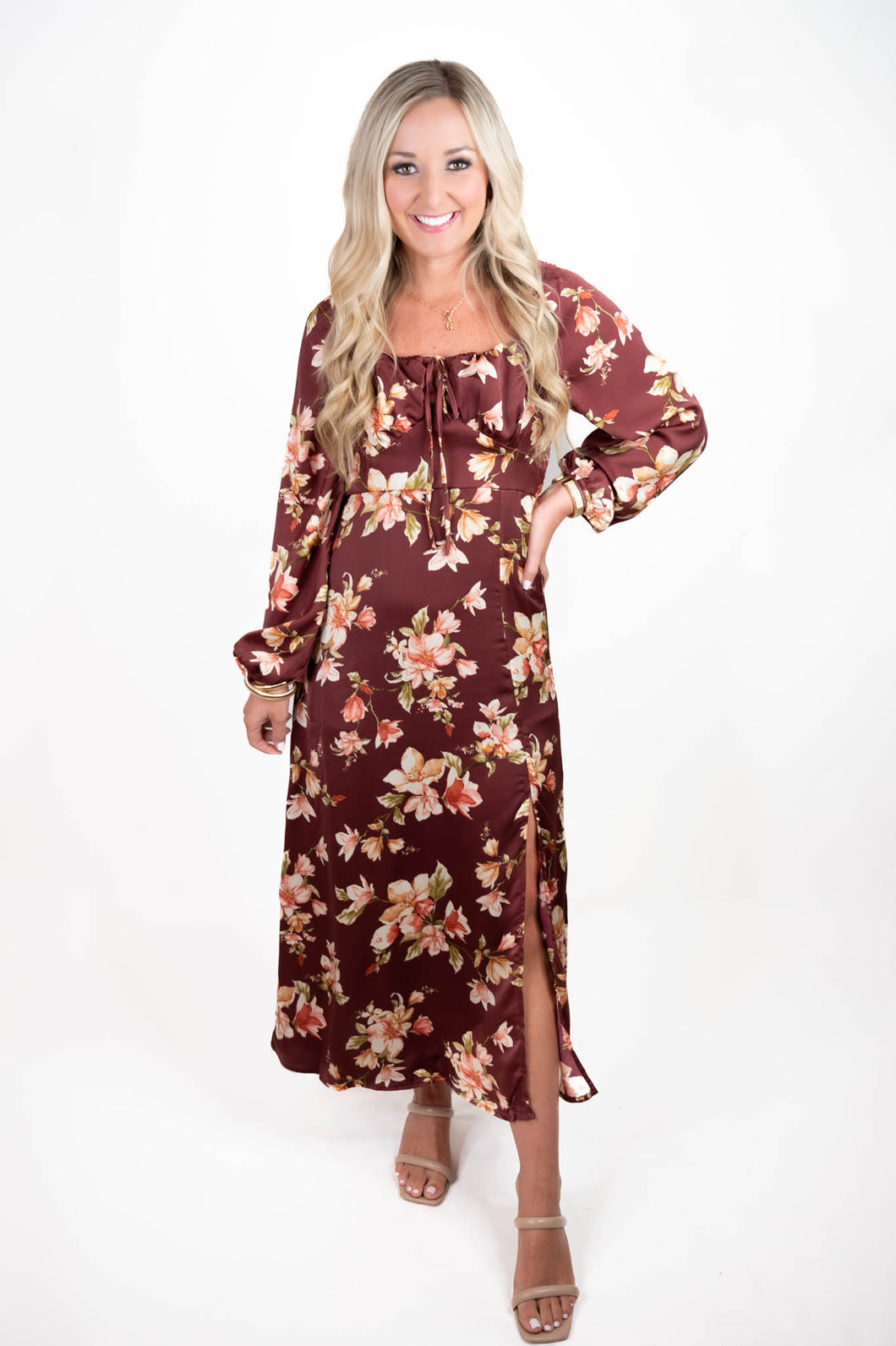 Burgundy Floral Midi Dress