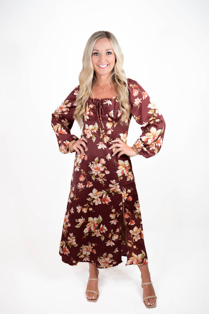 Burgundy Floral Midi Dress