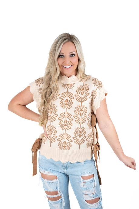 Taupe Scalloped Floral Sweater Vest