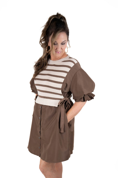 Brown Striped Twofer Button Down Dress