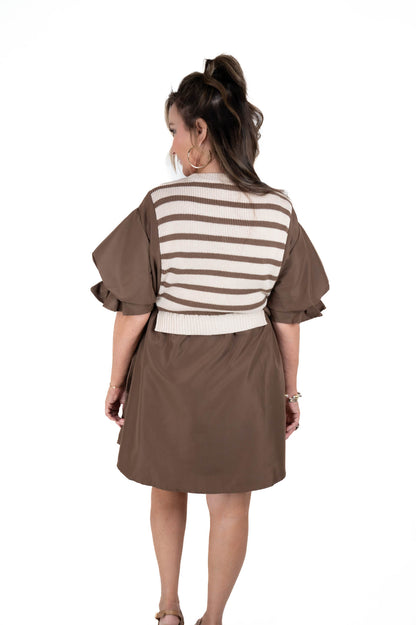 Brown Striped Twofer Button Down Dress