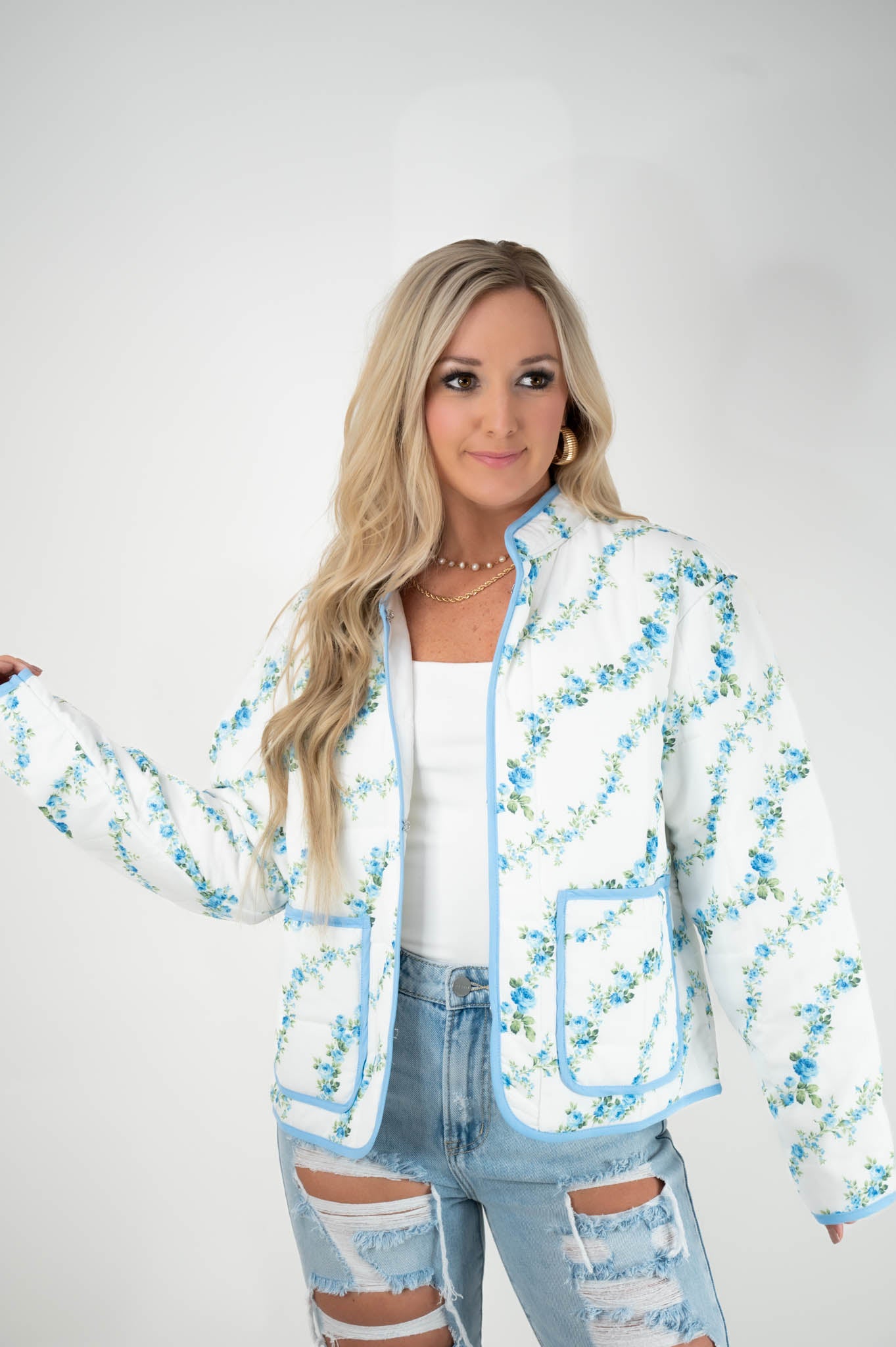 Blue Floral Quilted Jacket