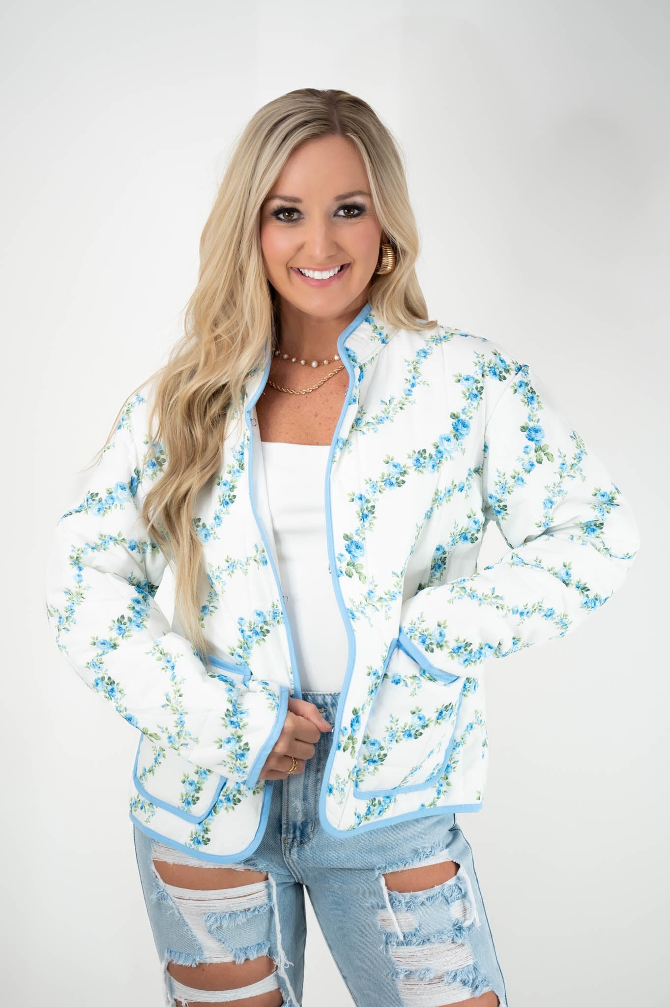 Blue Floral Quilted Jacket