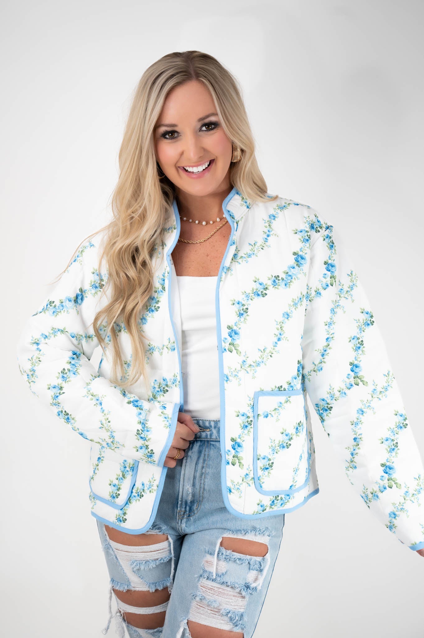 Blue Floral Quilted Jacket