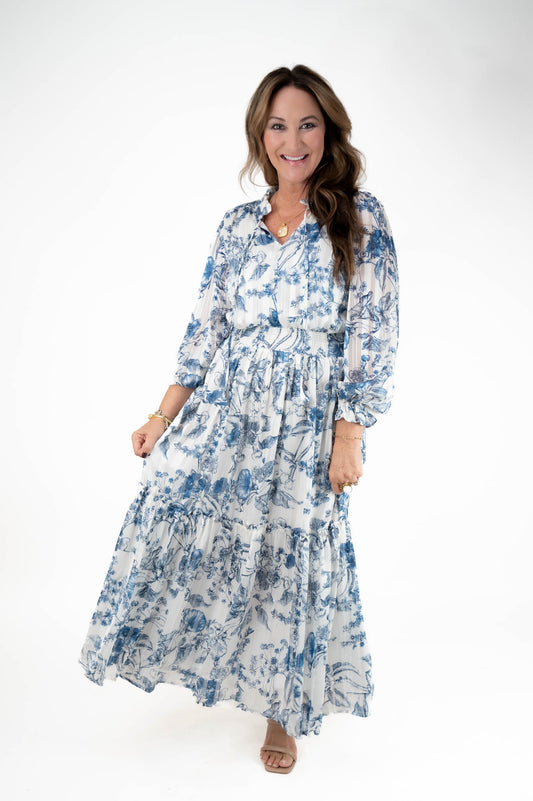 Blue Floral Print Midi Dress