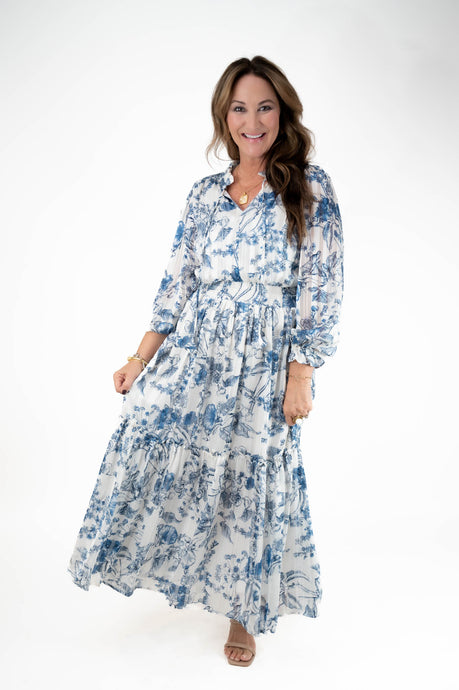 Blue Floral Print Midi Dress