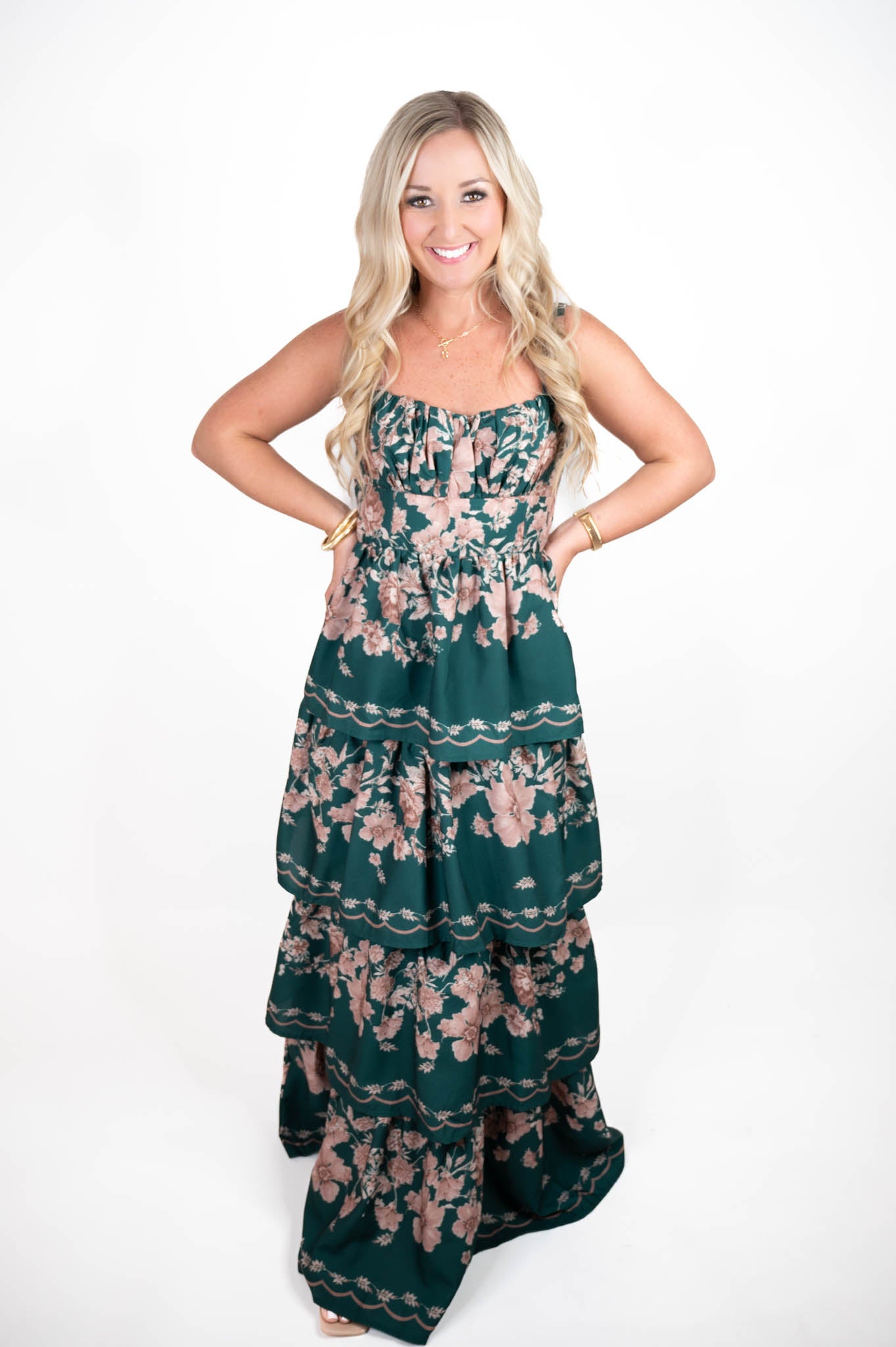 Hunter Green Floral Ruffled Maxi