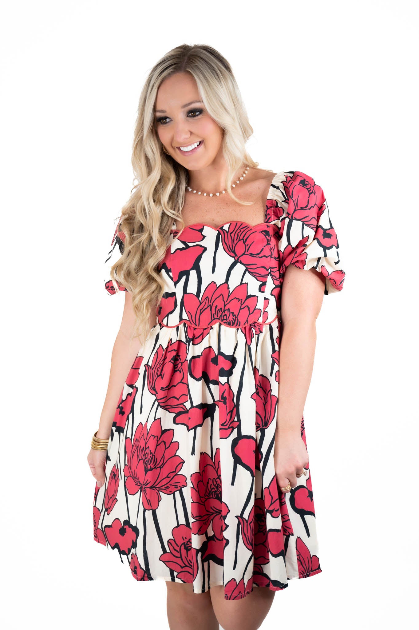 Red Floral Puff Sleeve Dress