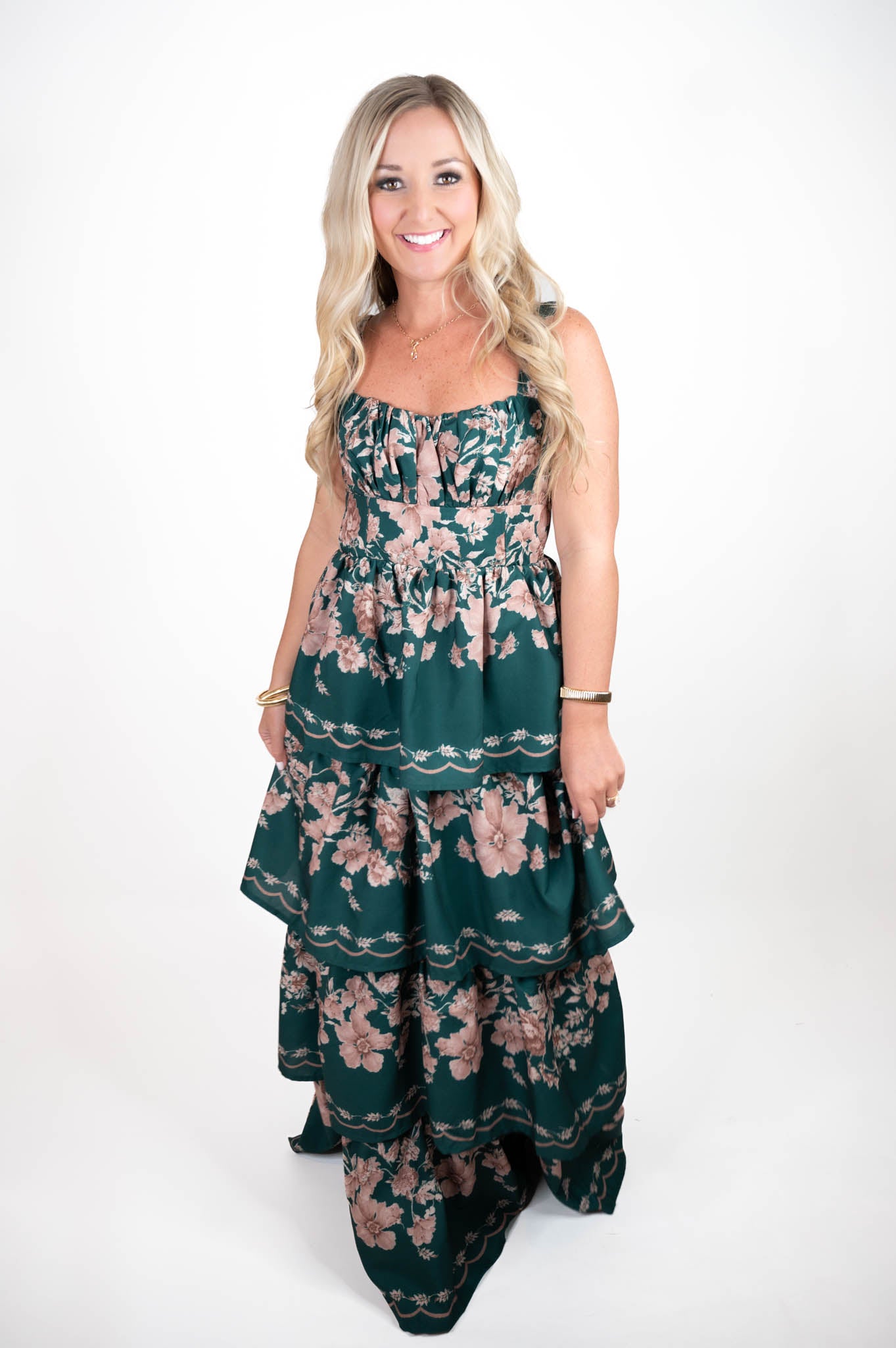 Hunter Green Floral Ruffled Maxi